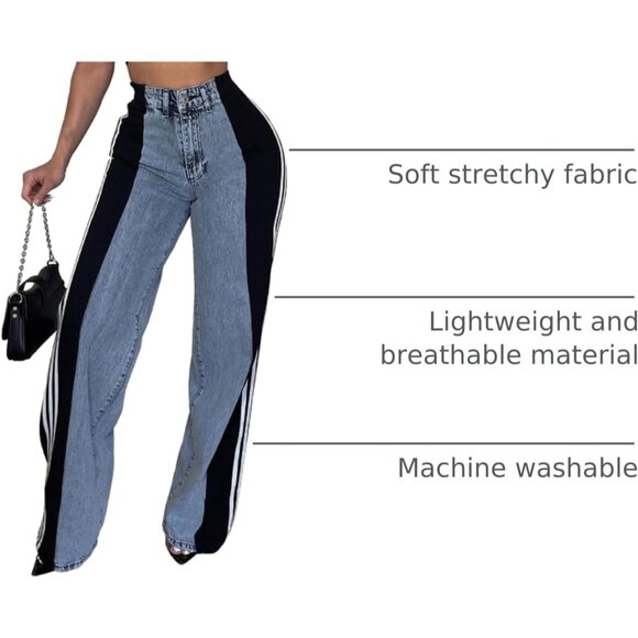 Womens High Waisted Wide Leg Stretch Denim Pants Color Block Casual - Picture 4 of 8